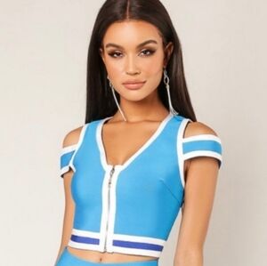 WoW Couture Bodycon Bandage Cold Shoulder Zip Crop Top Festival EDM